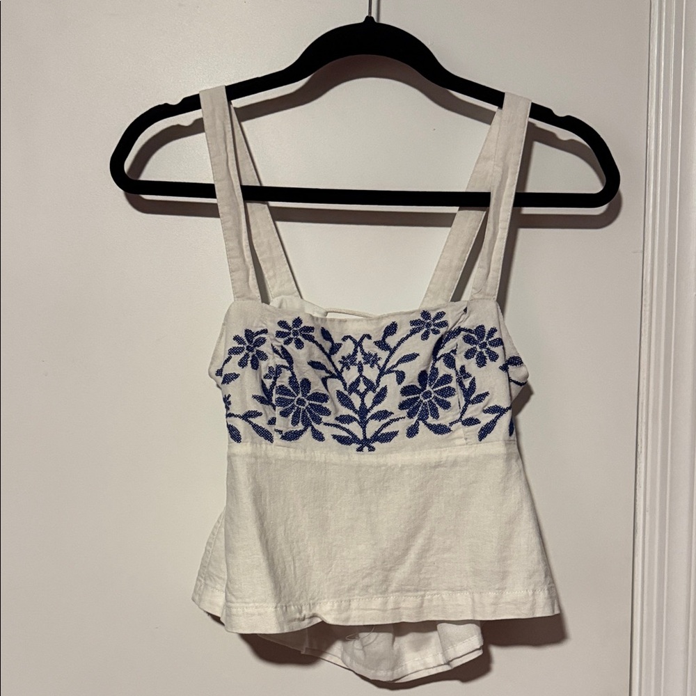 Forever 21 White Camisole with Blue Embroidery